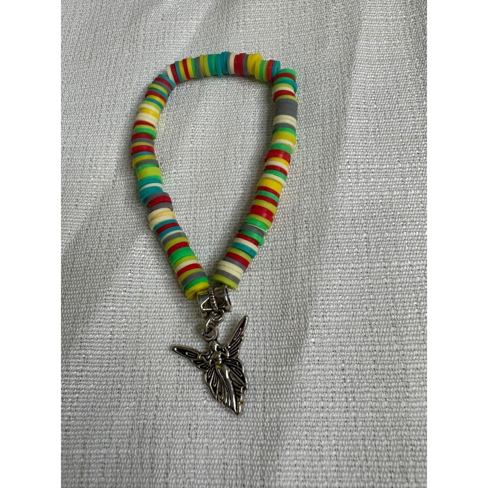 Handmade Multicolor Heishi Bead Stretch Bracelet with Silver Fairy Charm